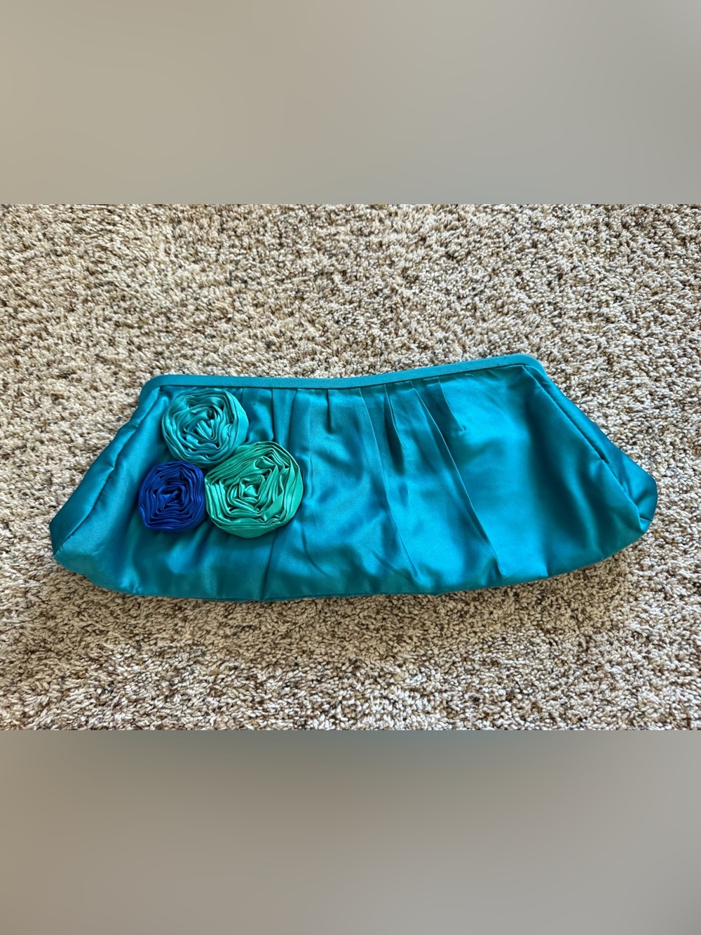 Express Teal Satin Clutch with Rosette Accents